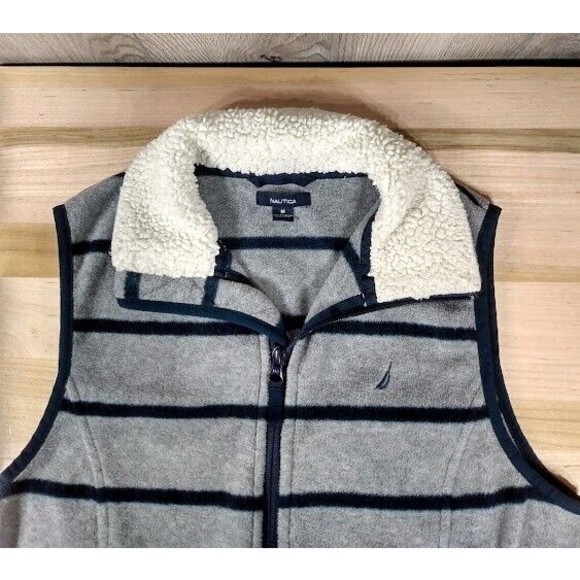 Nautica Sweater Vest Womens Medium Fleece Full Zip Pockets Striped Grey & Blue - Picture 3 of 5